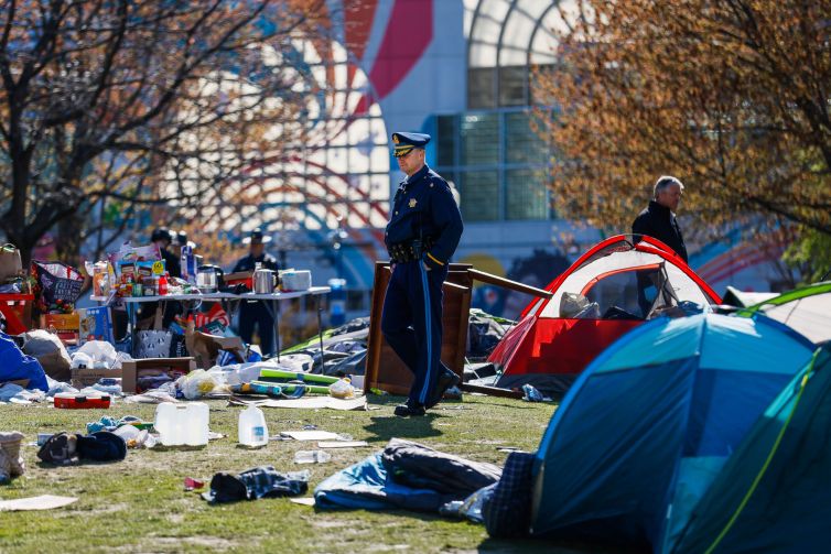 The remains of a pro-Palestinian encampment on Northeastern's campus are cleared up early Saturday morning in Boston, Massachusetts, on April 27.