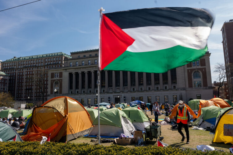 Pro-Palestinian supporters continue to organize a protest encampment on the campus of Columbia University on April 26, in New York City.