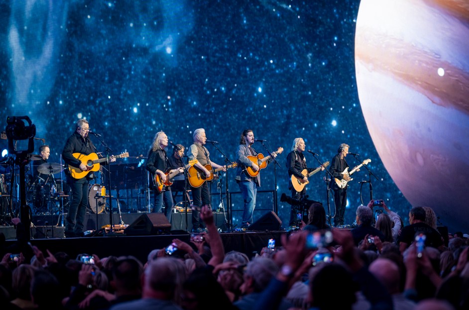 Eagles (L to R: Vince Gill, Timothy B. Schmit, Don Henley, Deacon Frey, Joe Walsh and touring guitarist Steuart Smith) at night 1 of their Sphere residency on Friday, Sept. 20, 2024, in Las Vegas.