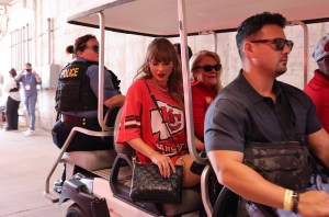 Taylor Swift arrives at GEHA Field at Arrowhead Stadium prior to a game between the Kansas City Chiefs and the Cincinnati Bengals on Sept. 15, 2024 in Kansas City, Missouri.