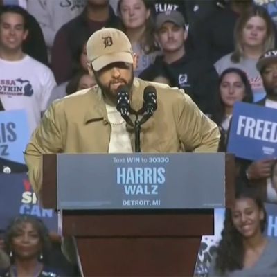 Eminem All Business Introducing Barack Obama at Kamala Harris Rally, Obama Raps