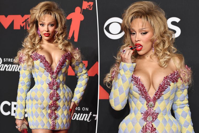 Doja Cat pairs sky-high platform heels with a $5,995 crystallized lipstick clutch on VMAs 2025 red carpet
