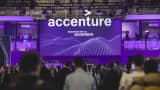 A logo sits illuminated at the Accenture booth in Mobile World Congress 2025 on March 03, 2025 in Barcelona, Spain.