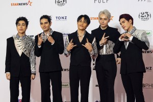 Pablo, Stell, Ken, Justin, and Josh of boy group SB19 attend the 2023 Asia Artist Awards at the Philippine Arena on December 14, 2023 in Bulacan, Philippines.