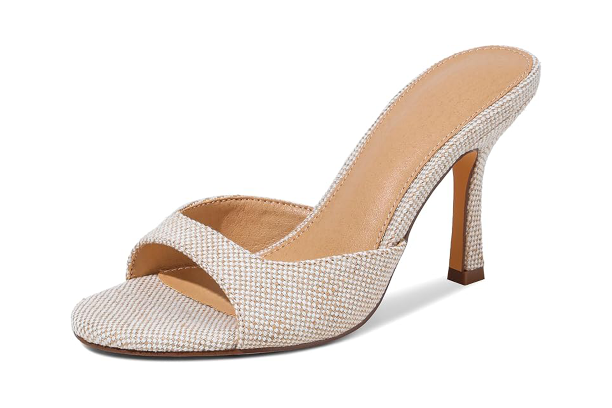 Beige high-heeled mule with a woven texture and cross-over straps.